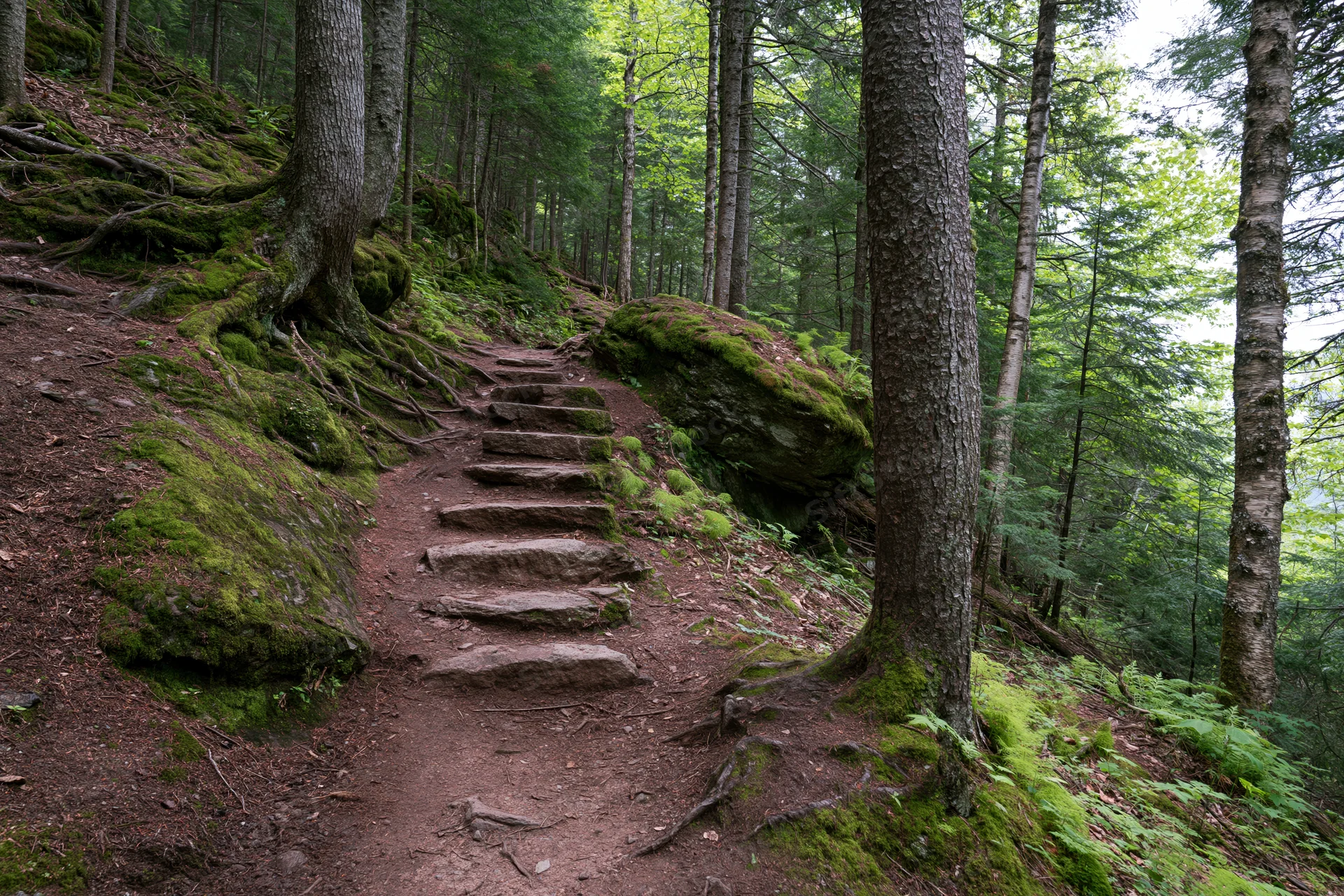 Narrow dirt hiking trail with stone steps winding uphill through dense forest