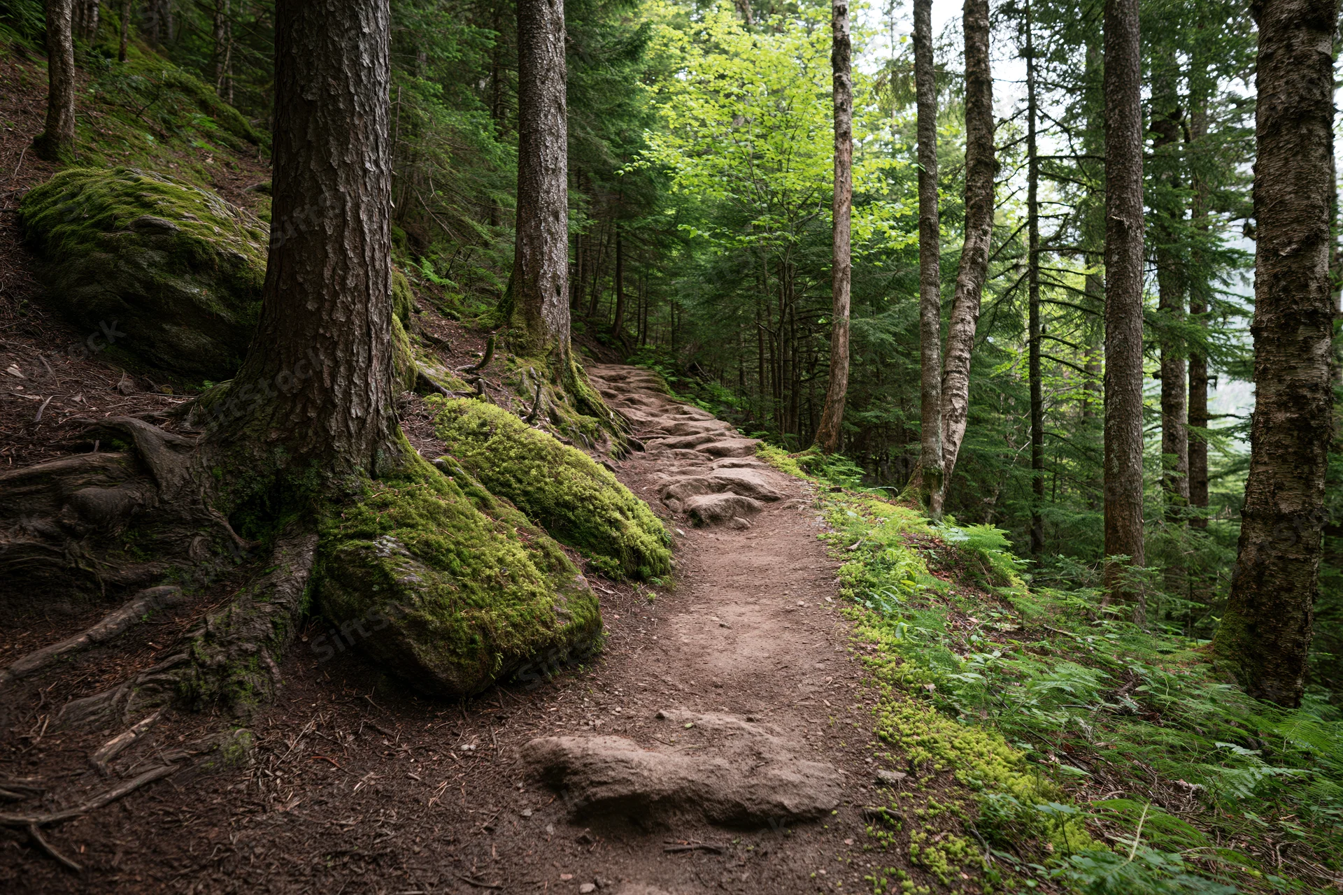 Narrow dirt trail winding uphill through dense forest with moss-covered rocks and tall trees
