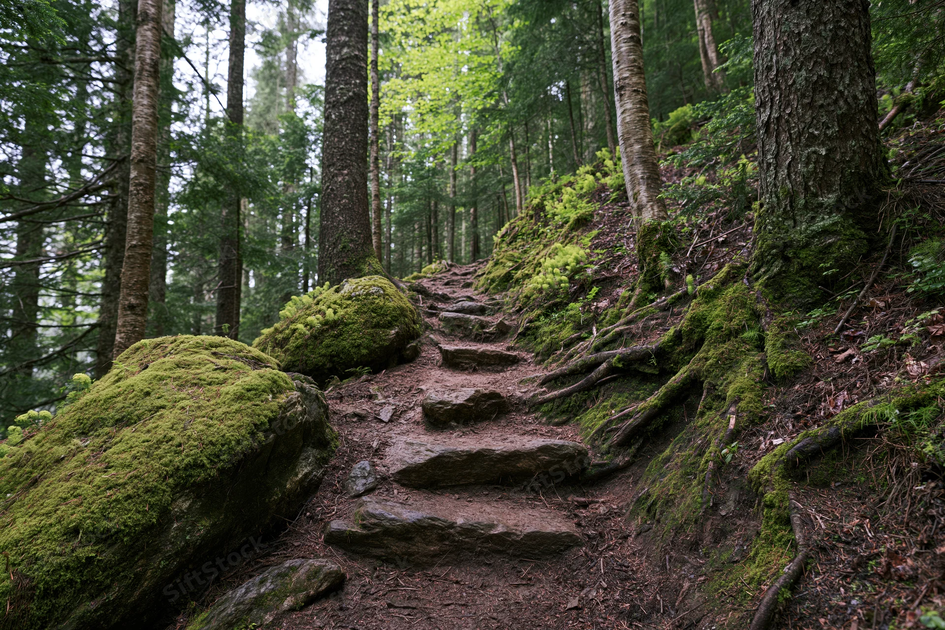 Narrow dirt hiking trail winding uphill through dense forest with moss-covered rocks and trees