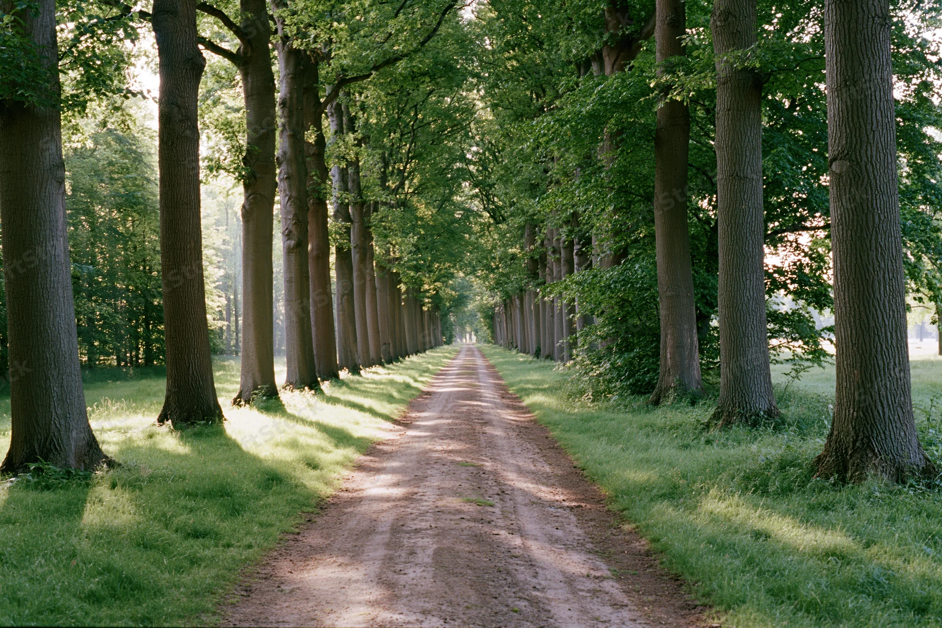 Straight dirt path lined with tall trees stretching into the distance through a green forest