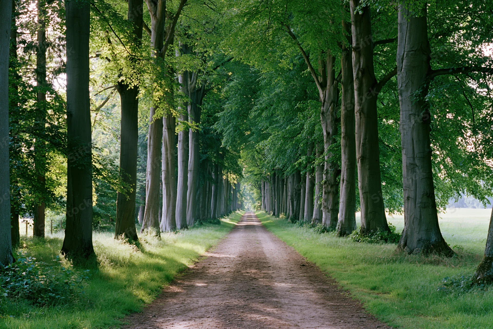 Narrow dirt path lined with tall trees stretching into the distance through a green forest