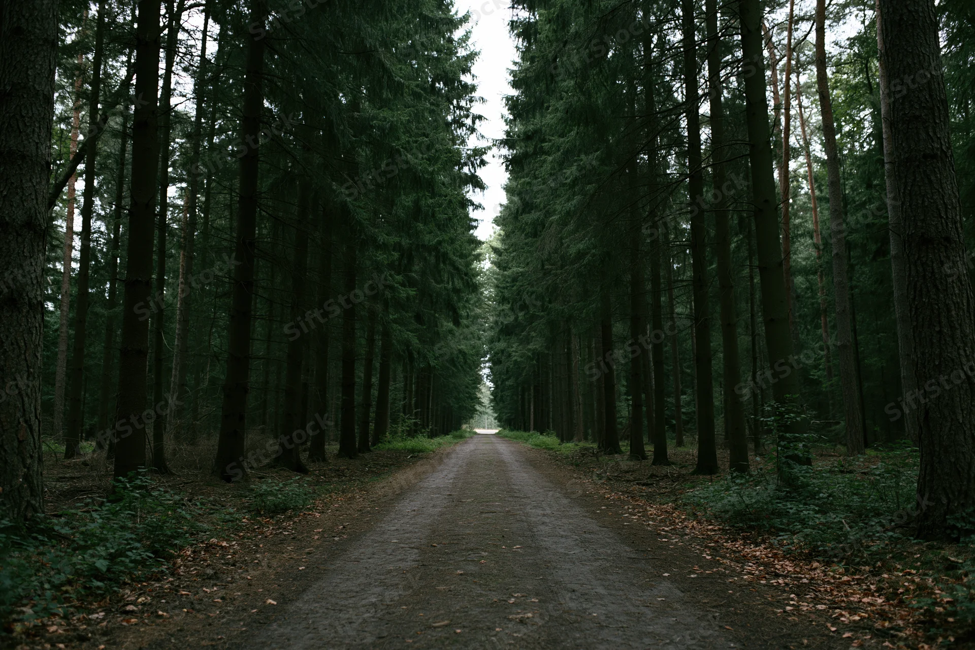 Narrow dirt road stretching straight through dense pine forest flanked by tall trees