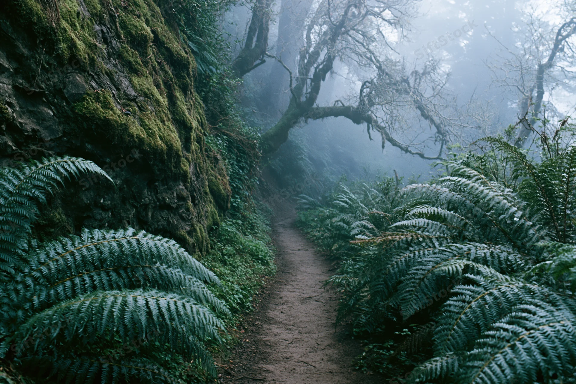 Narrow dirt trail winding through misty forest flanked by ferns and moss-covered rocks