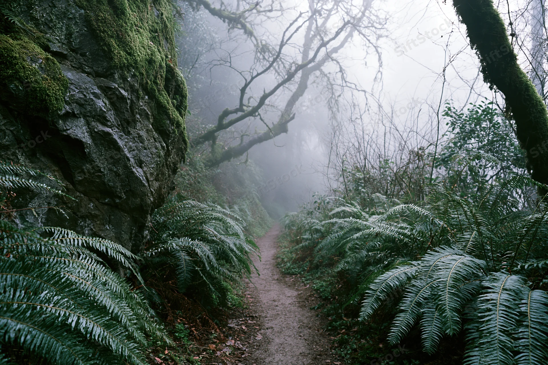 Narrow dirt trail winding through misty forest flanked by ferns and moss-covered rocks