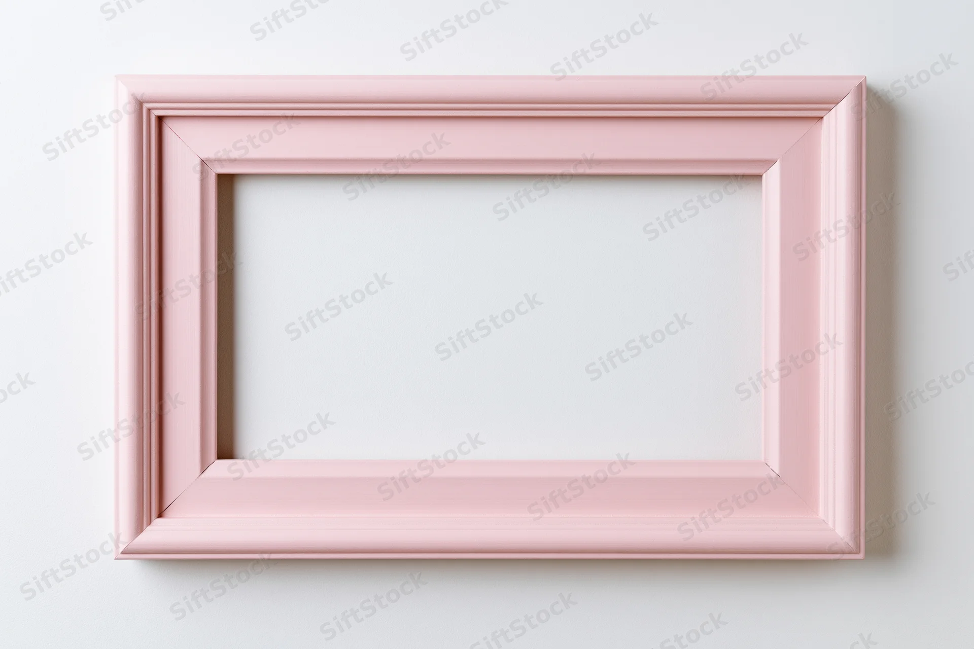Pale pink wooden picture frame with simple molded edges hanging on a white wall