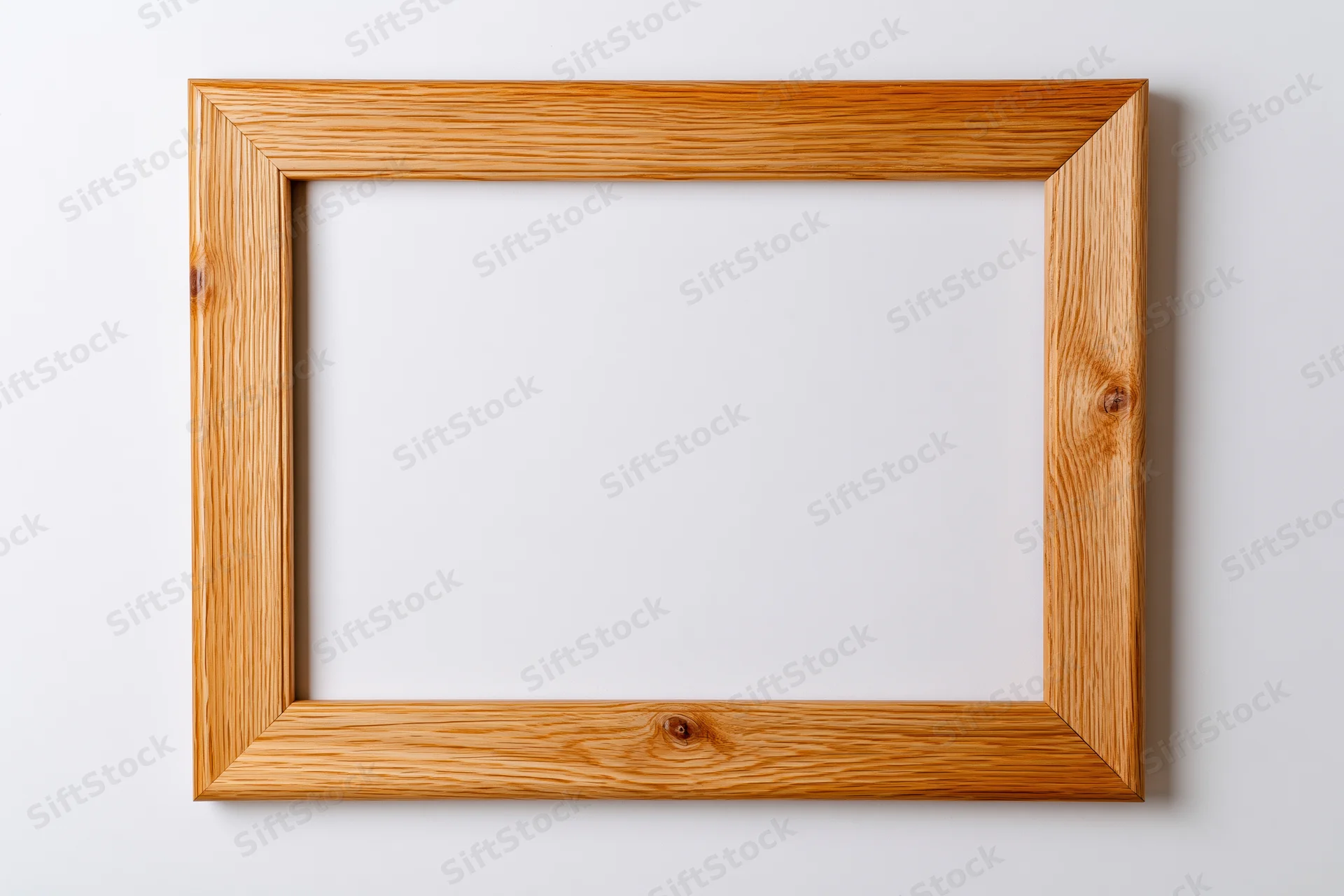 Wooden picture frame hanging on a white wall with empty center