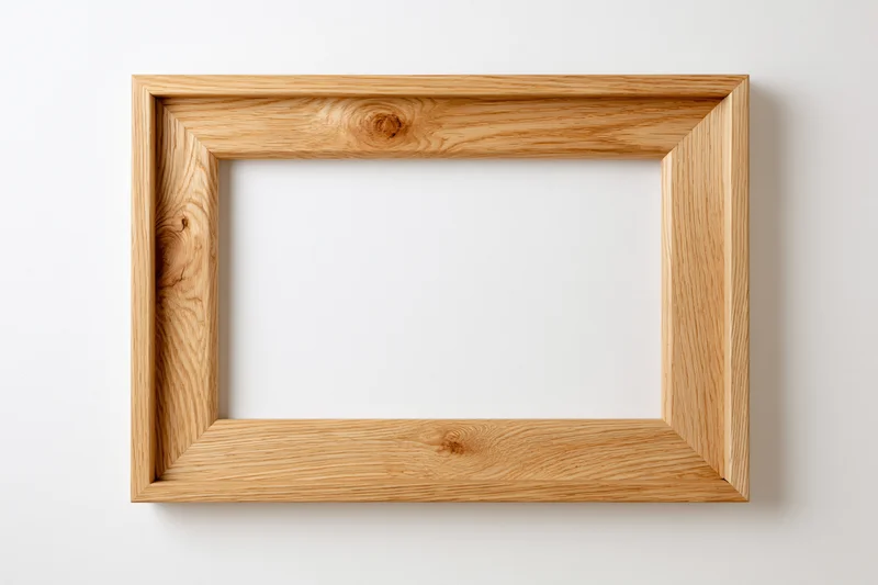 Rectangular wooden picture frame with visible grain hanging on a white wall