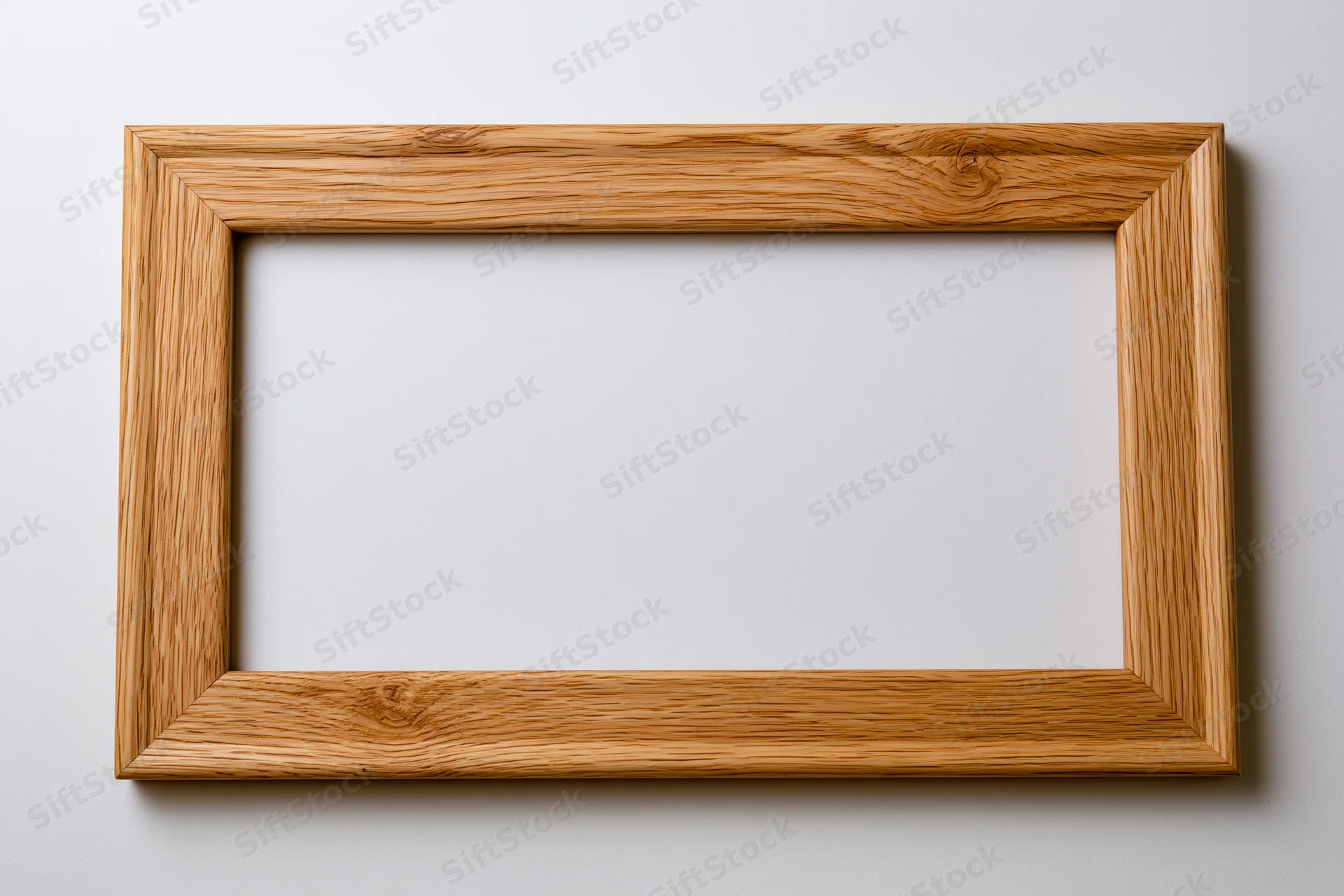 Wooden picture frame hanging on a white wall with empty center for display