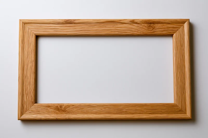 Wooden picture frame hanging on a white wall with empty center for display