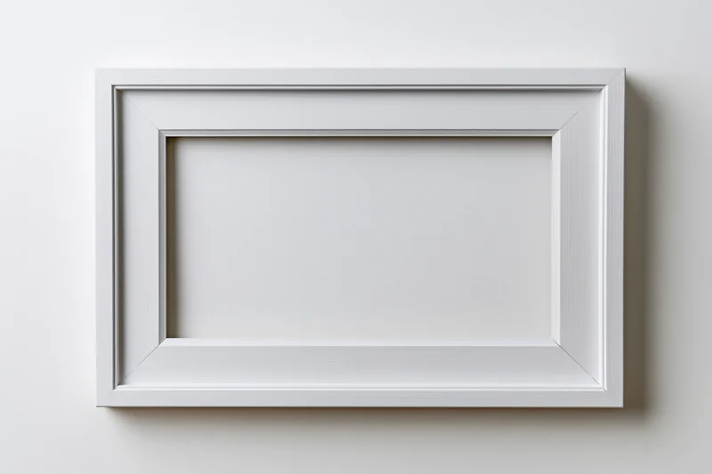 White wooden picture frame hanging on a plain wall with empty center for display
