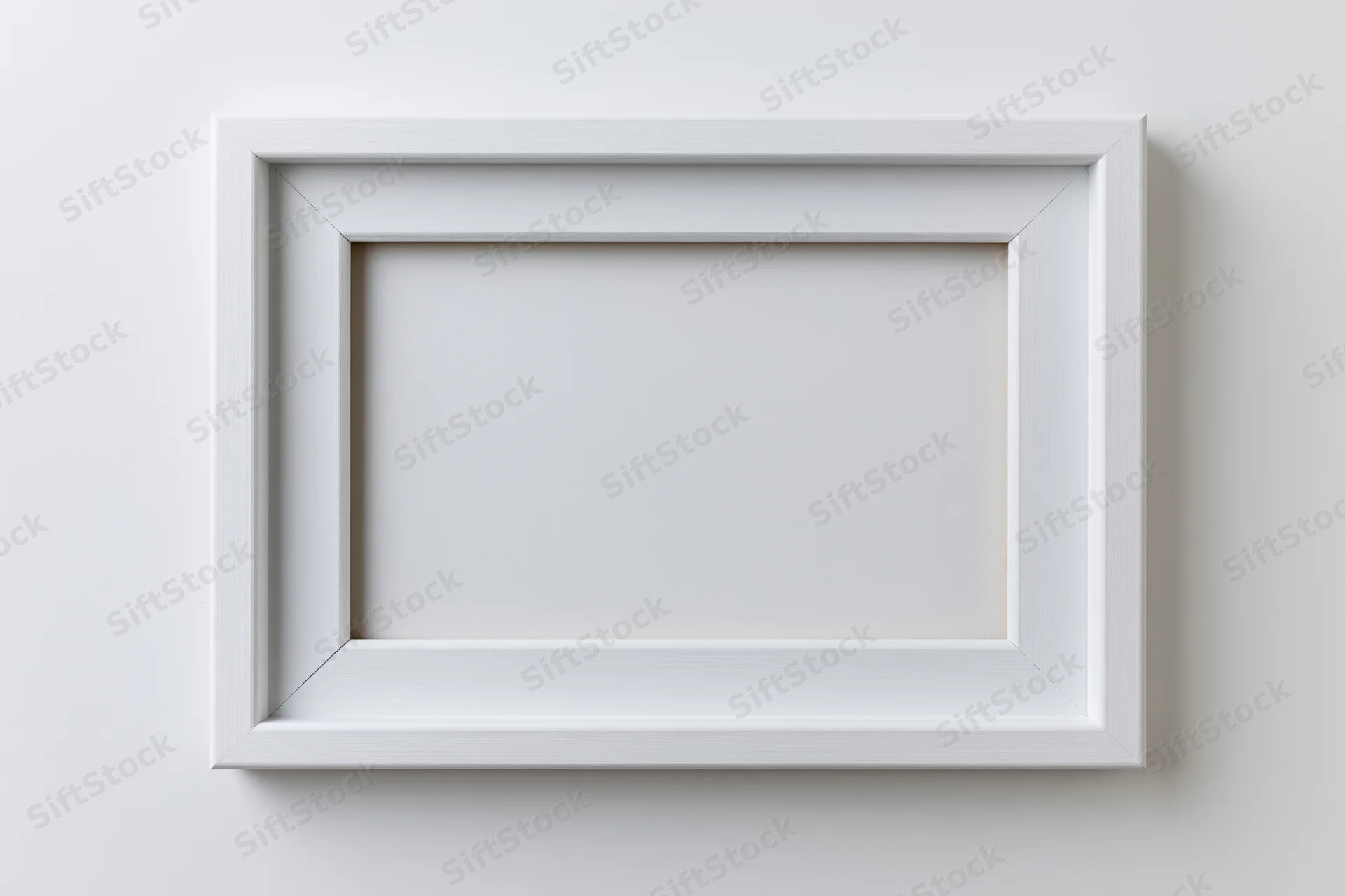 White wooden picture frame hanging on a plain wall with empty center for display