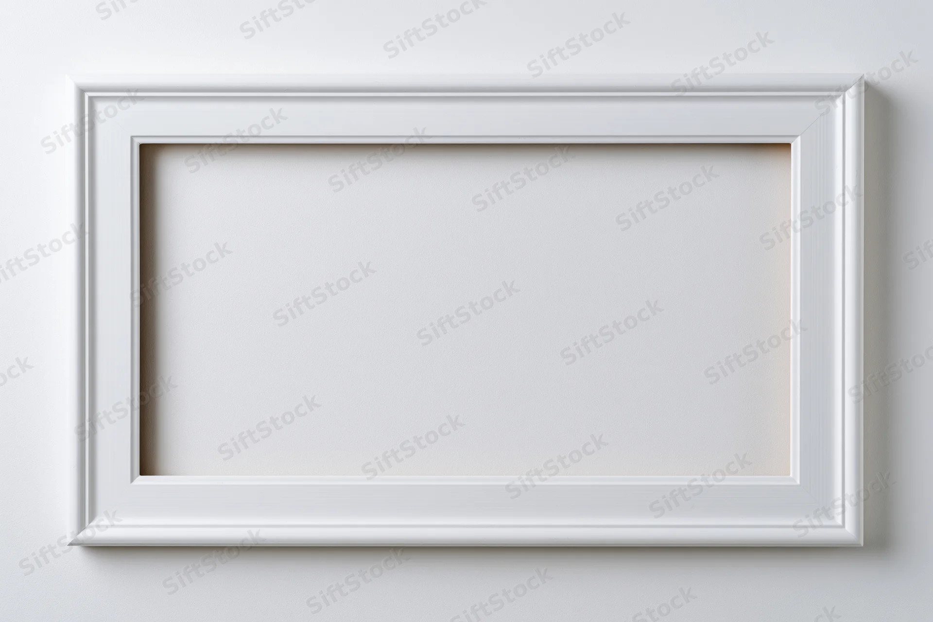 White rectangular picture frame mounted on a plain wall with empty interior space for display