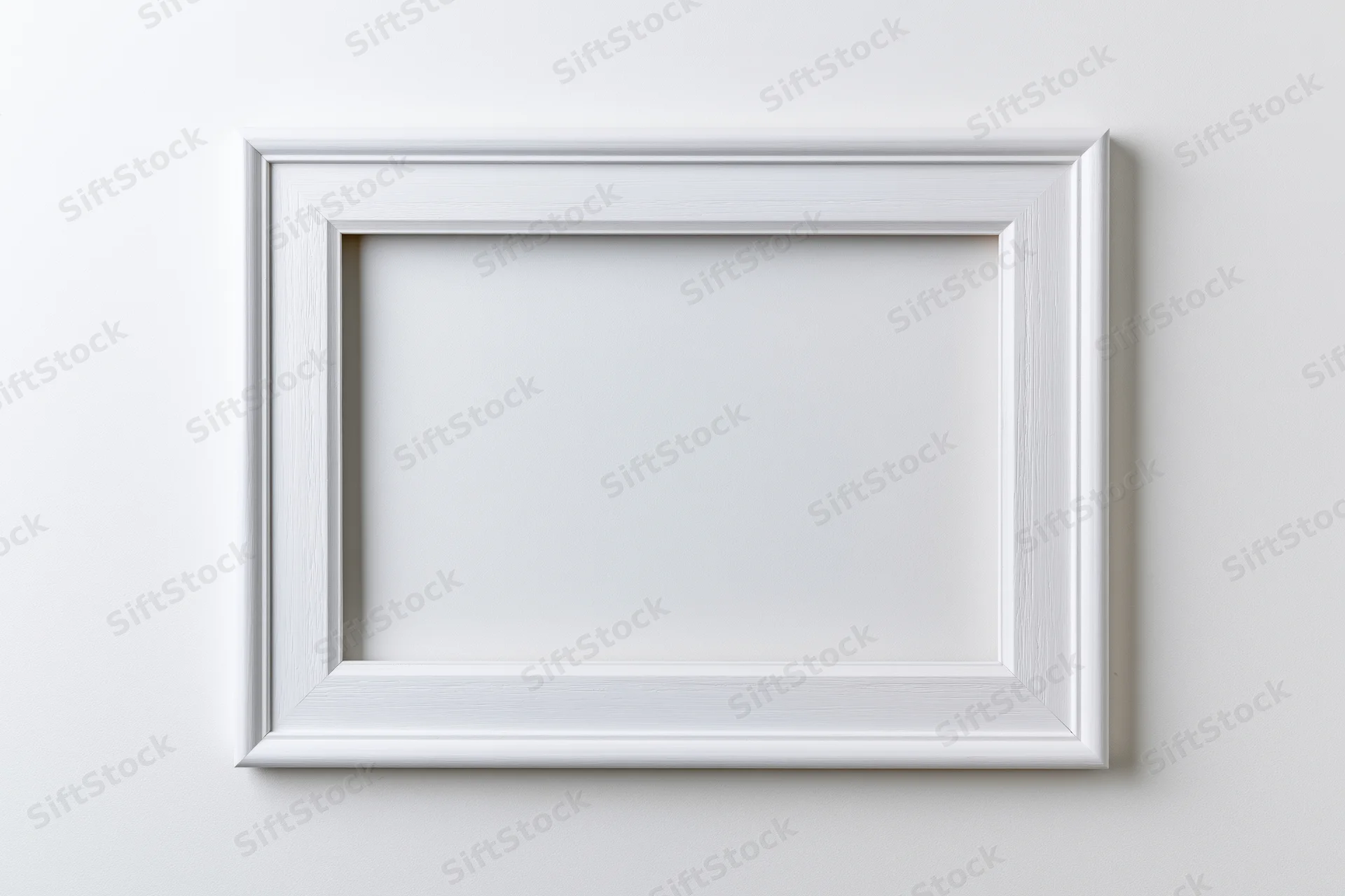 White rectangular picture frame mounted on a plain wall with empty interior space