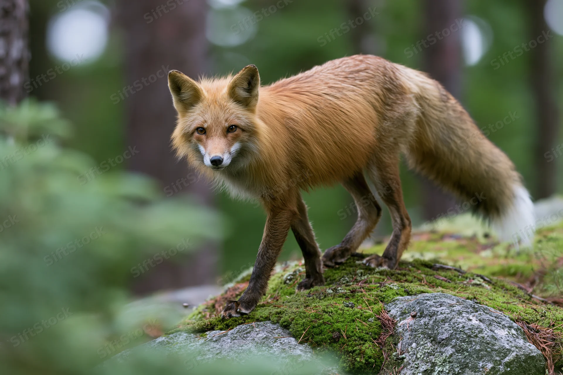 Red fox pausing mid-step on moss-covered rocks in forest