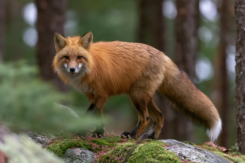 Red fox pausing mid-step on moss-covered rocks in a forest