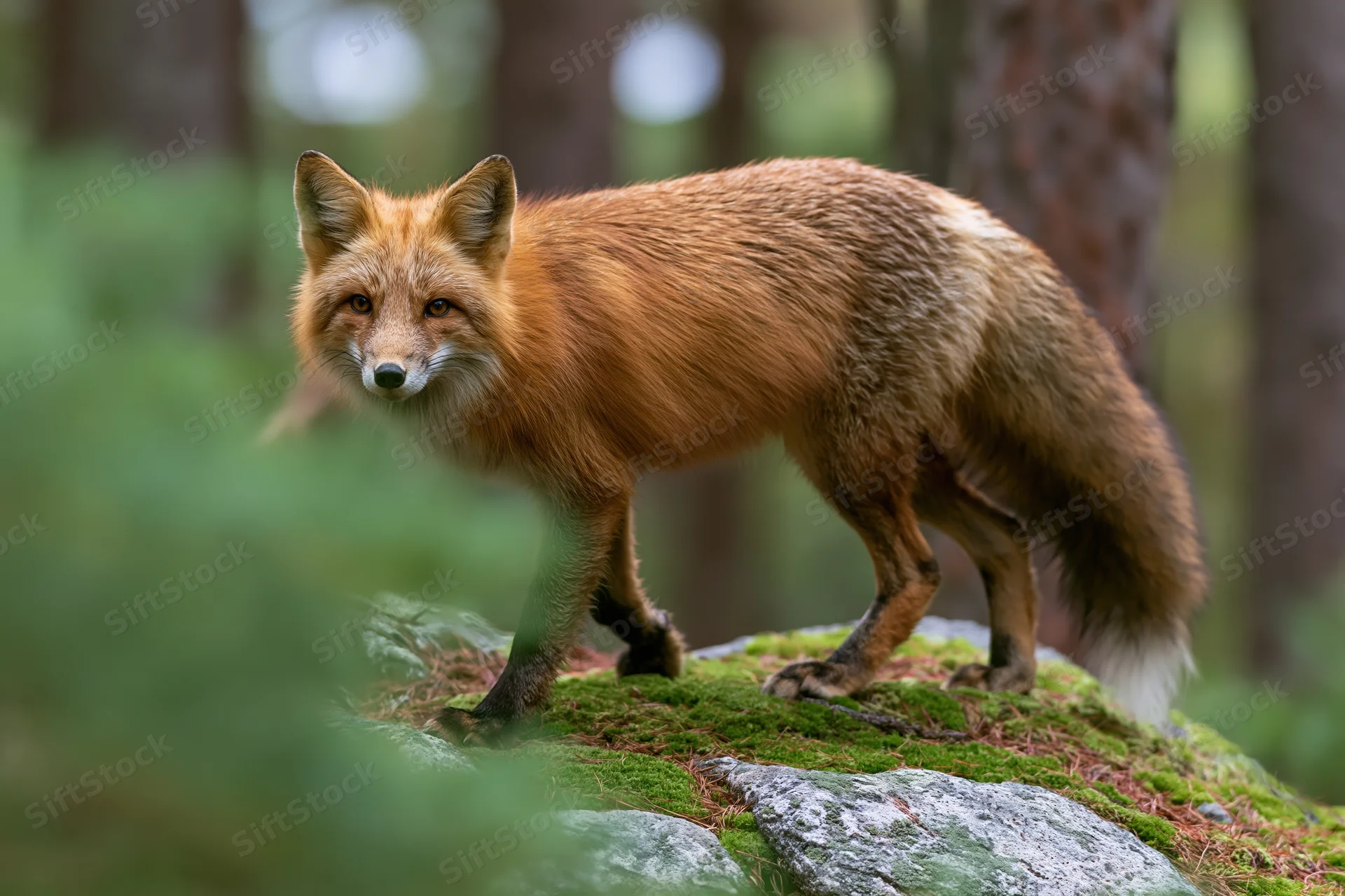 Red fox pausing mid-step on moss-covered rock in forest
