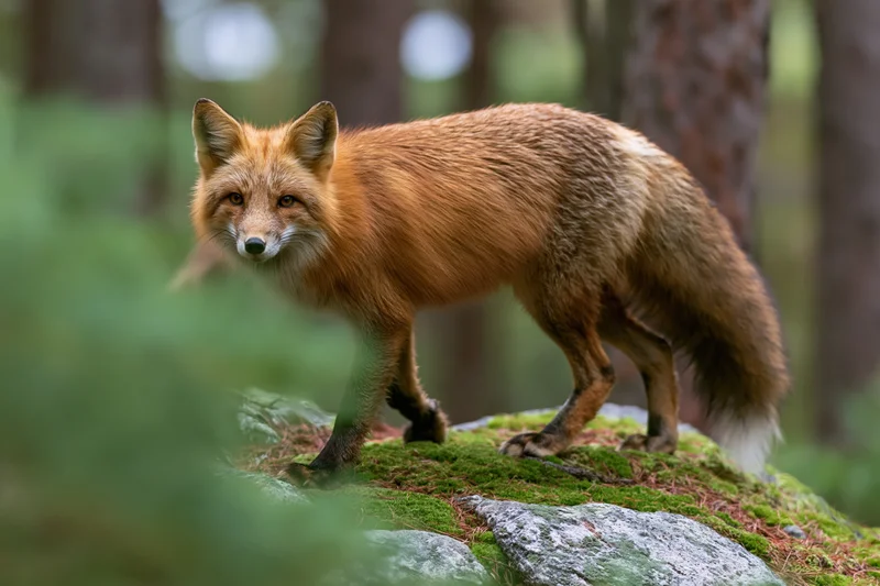 Red fox pausing mid-step on moss-covered rock in forest