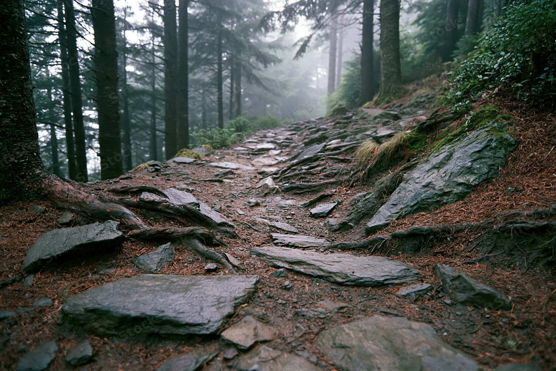 Rocky dirt hiking trail winding uphill through dense conifer forest in mist