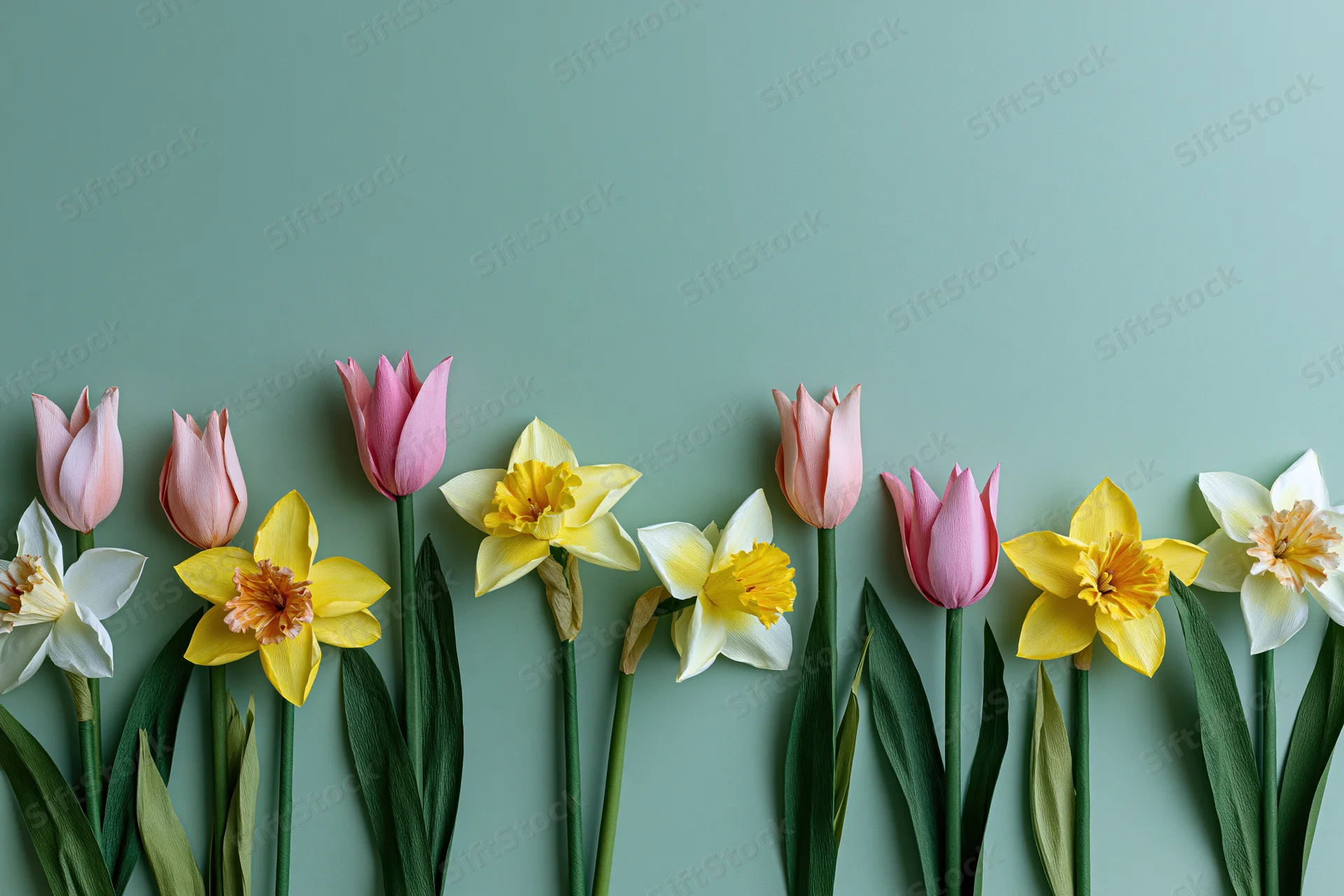 A row of handmade paper tulips and daffodils arranged horizontally against a teal background