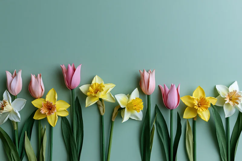A row of handmade paper tulips and daffodils arranged horizontally against a teal background