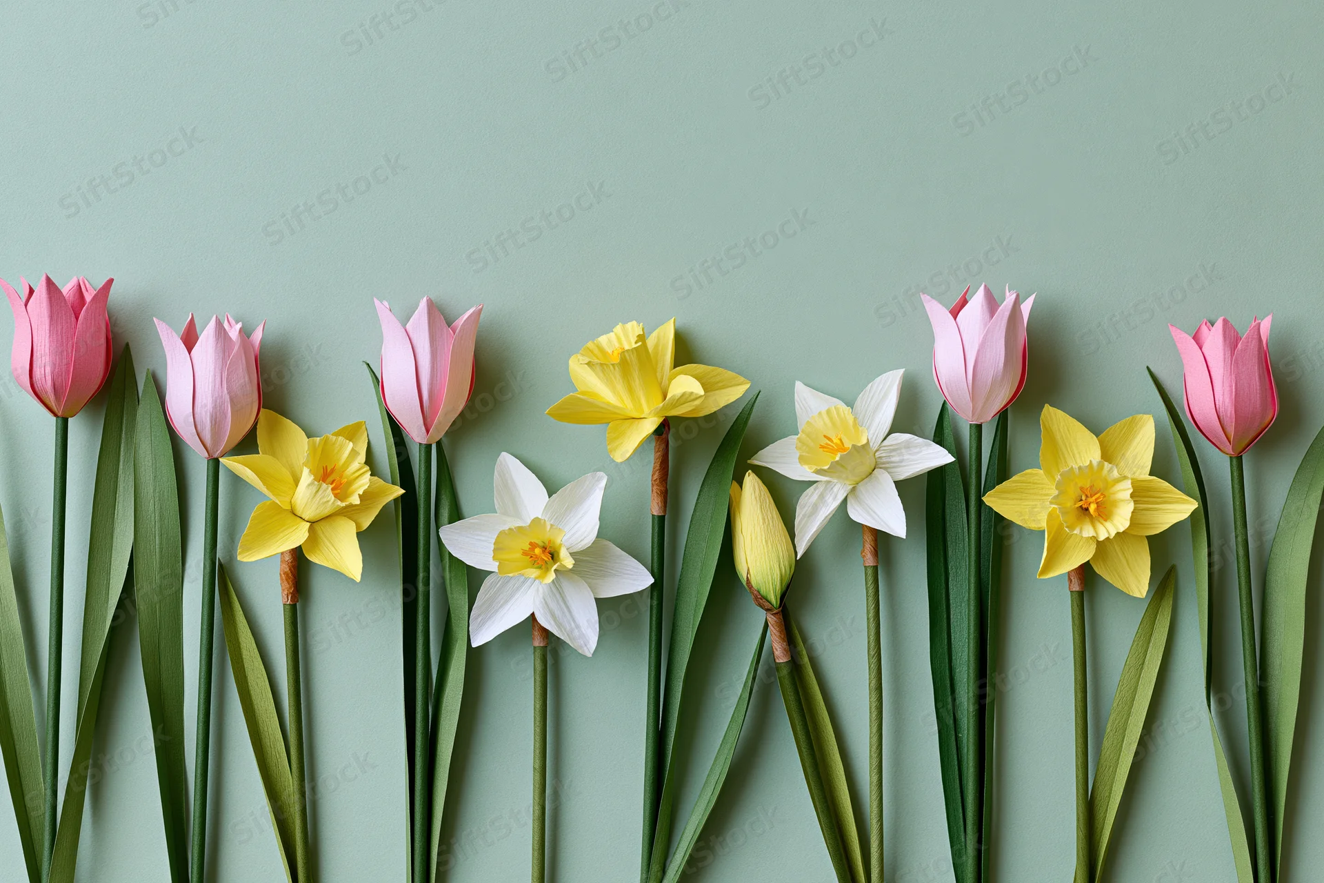 A row of handmade paper flowers including pink tulips and yellow daffodils arranged against a light green background