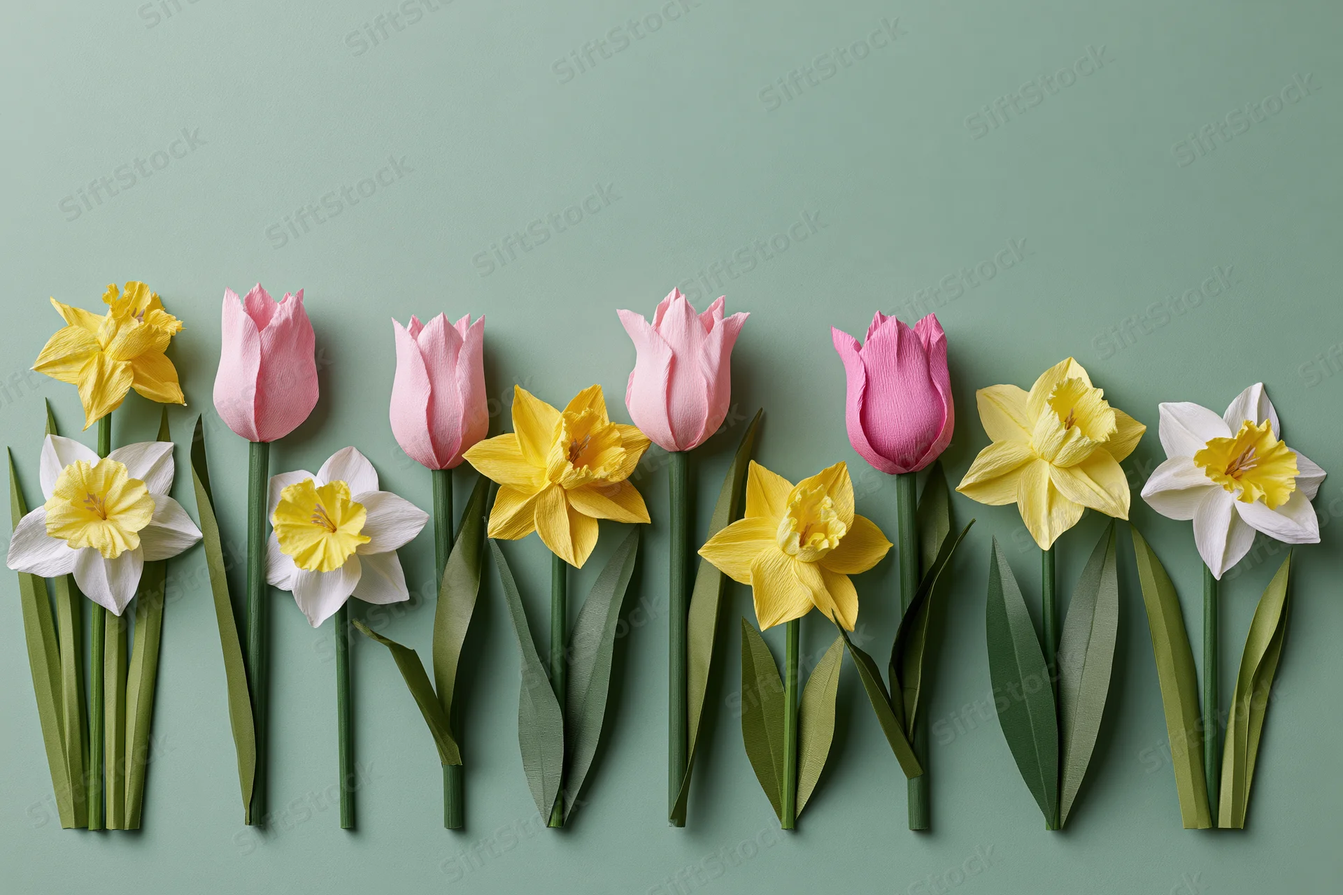 Row of handmade paper tulips and daffodils arranged on a green background