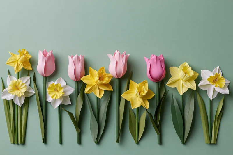 Row of handmade paper tulips and daffodils arranged on a green background