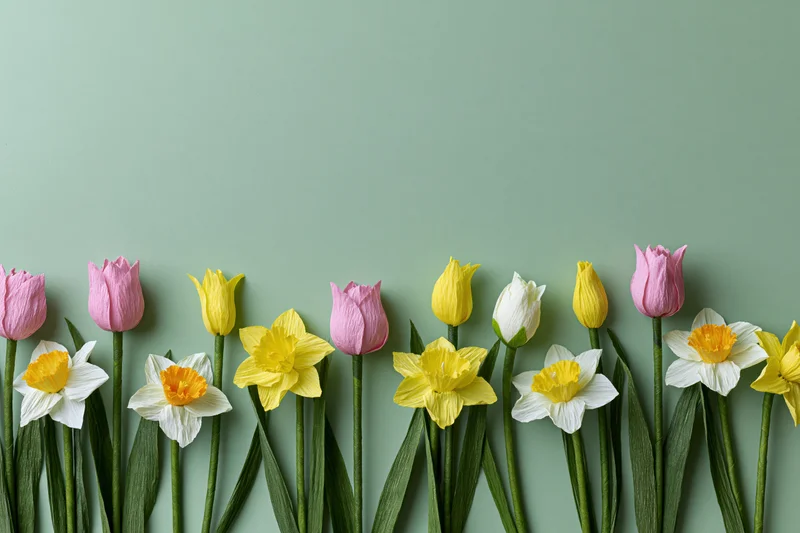 Row of handmade paper flowers including pink tulips and yellow daffodils arranged along bottom of green background