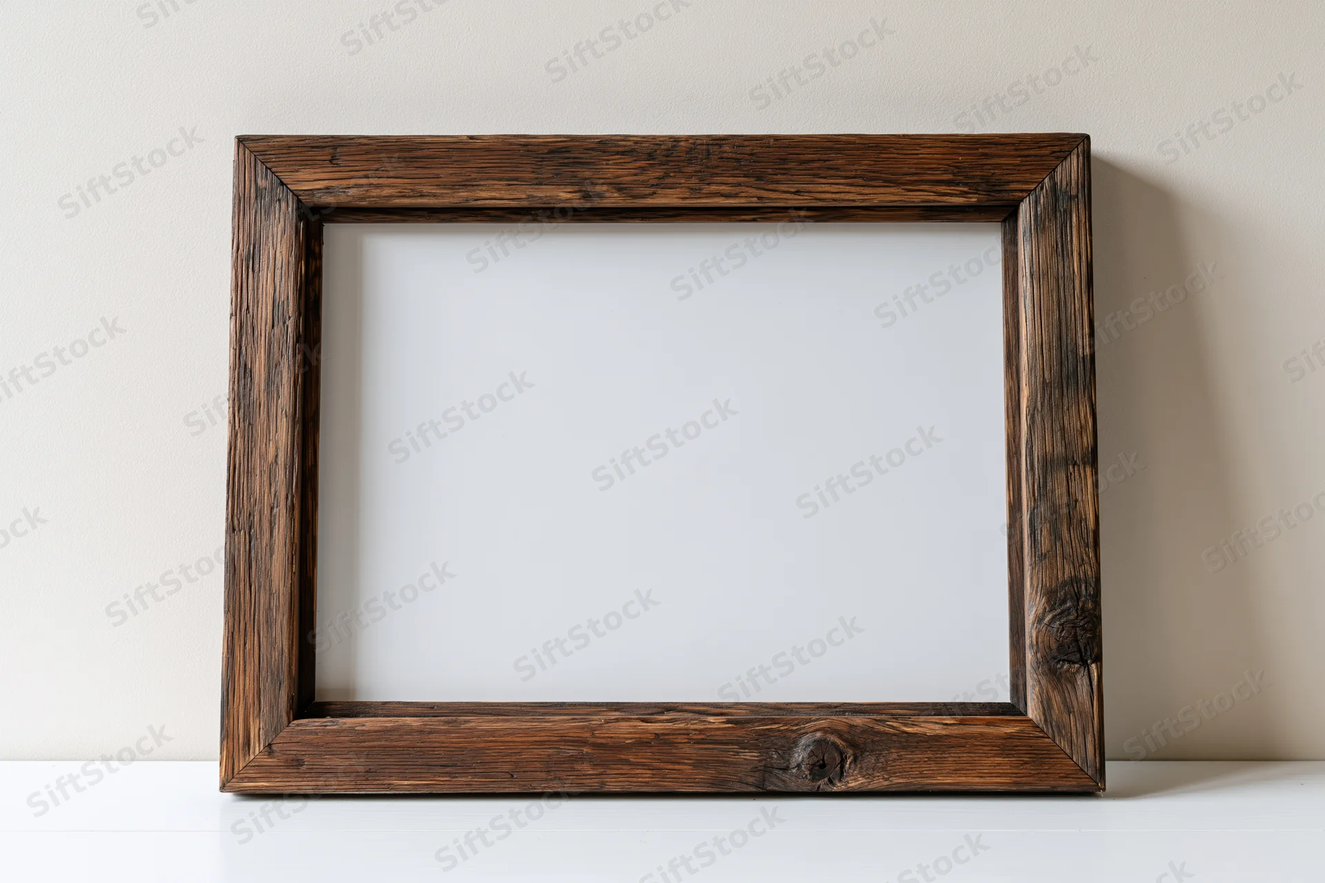 Rustic dark wood picture frame with blank white interior on white surface