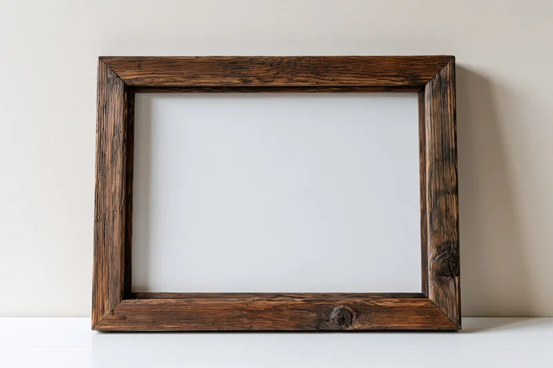 Rustic dark wood picture frame with blank white interior on white surface