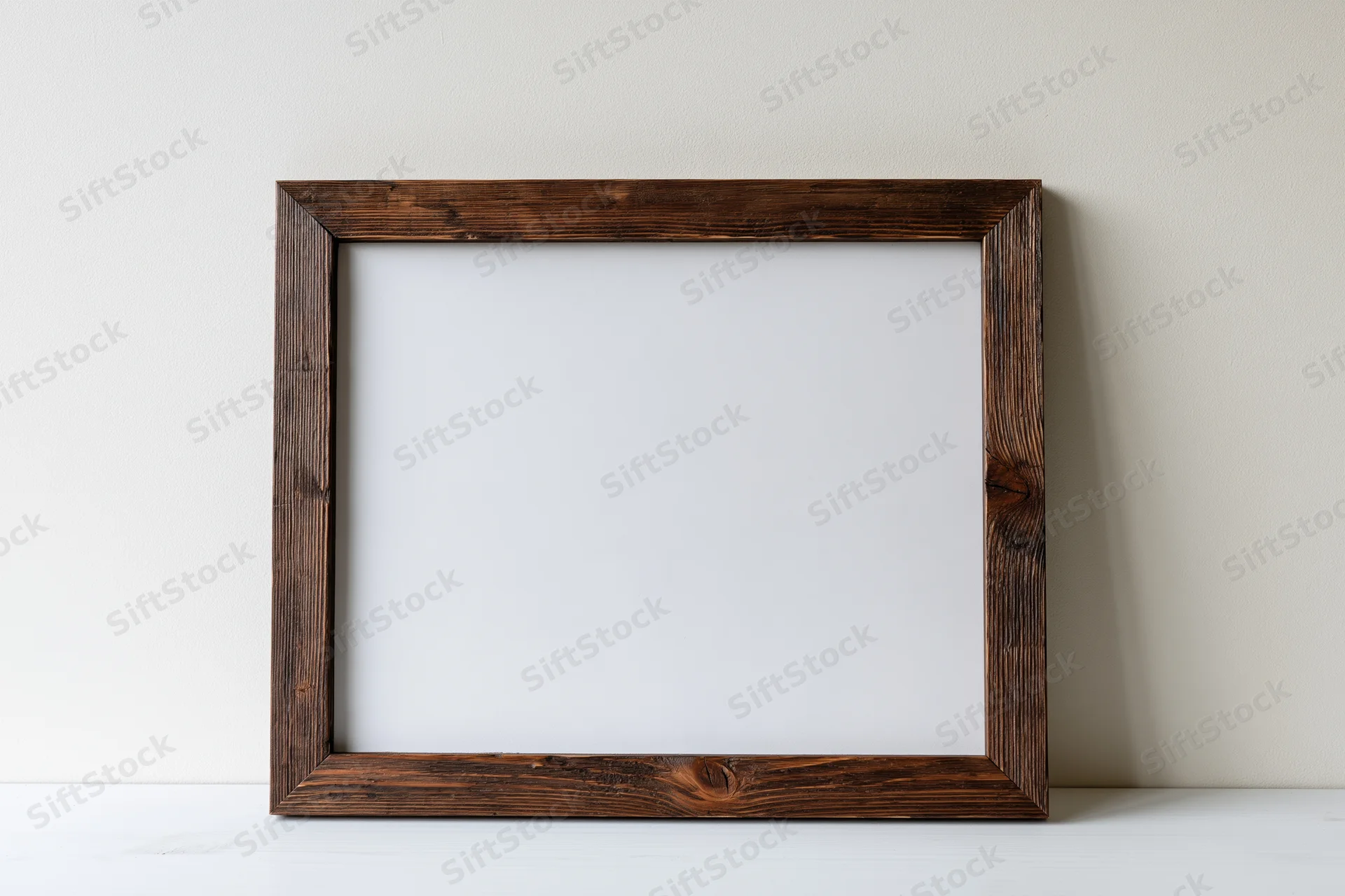 Dark wooden picture frame with blank white interior leaning against white wall