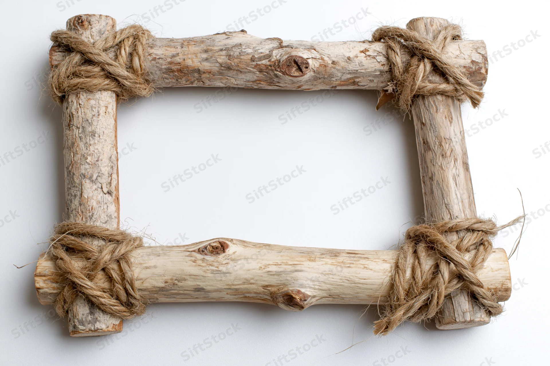 Rustic wooden frame made from branches tied with twine on white background