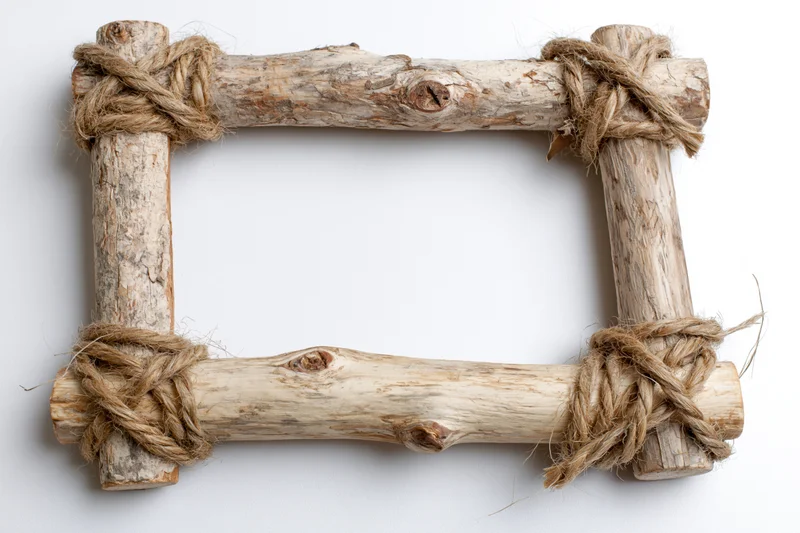 Rustic wooden frame made from branches tied with twine on white background