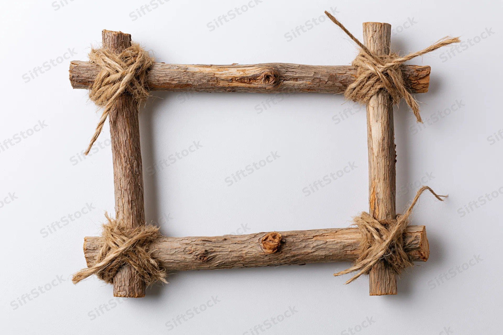 Rustic wooden frame made from branches tied with twine on white background