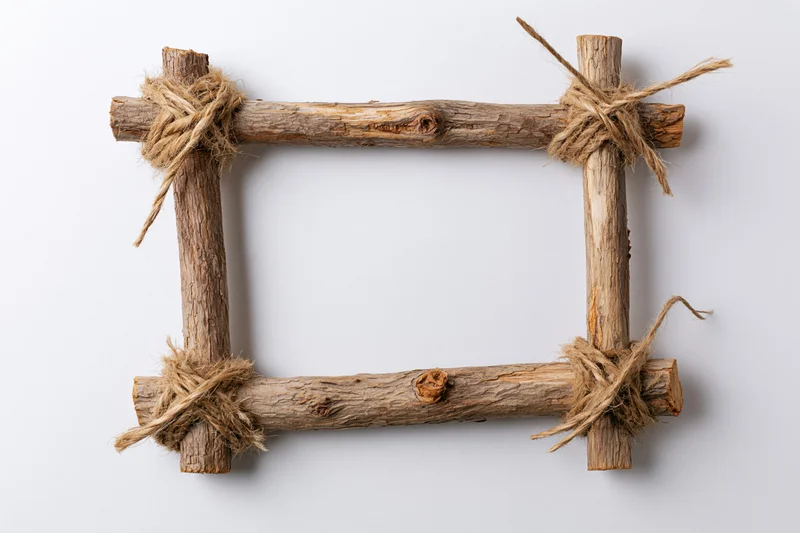 Rustic wooden frame made from branches tied with twine on white background