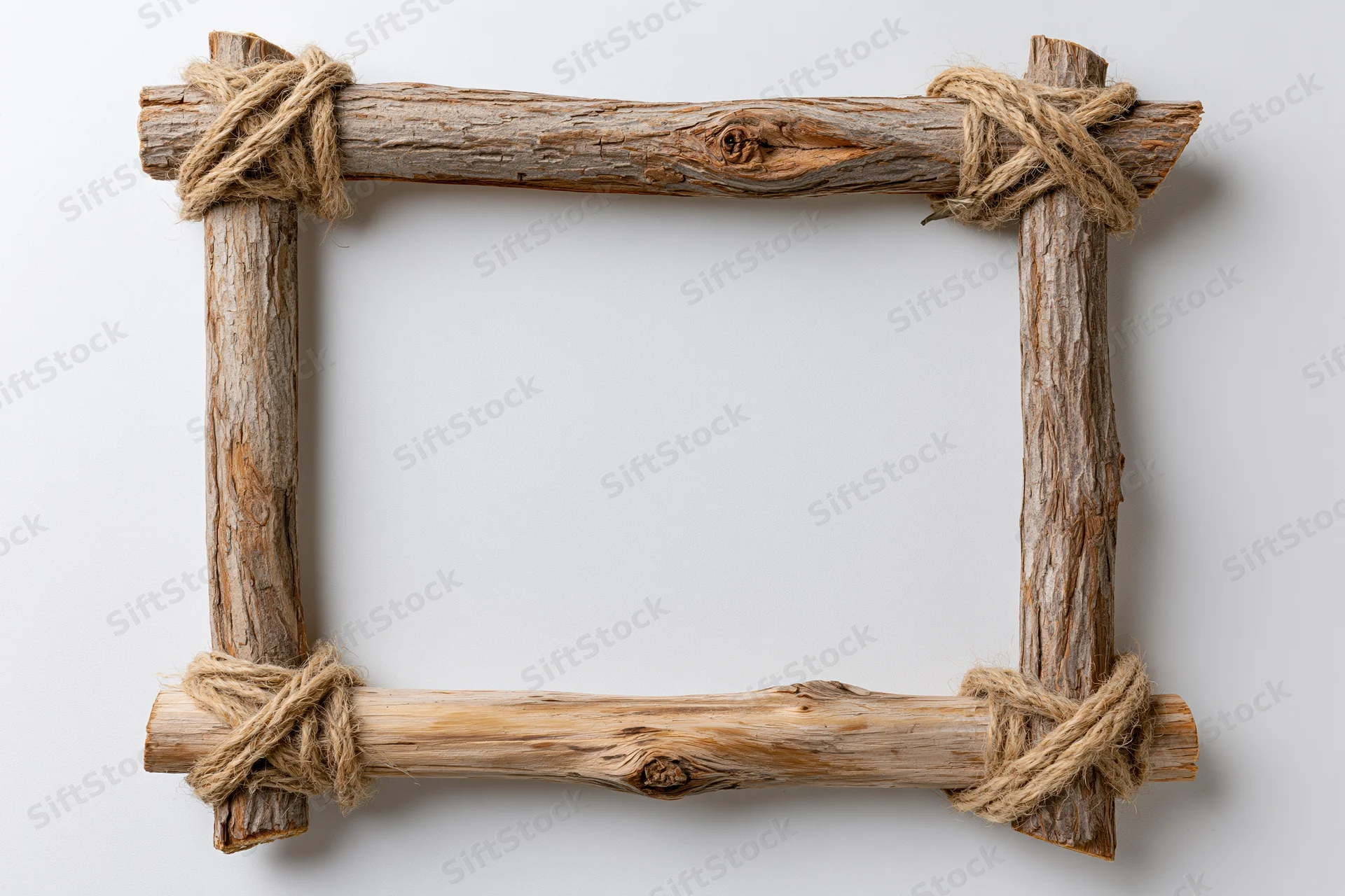 Rustic wooden frame made from branches tied with twine on white background