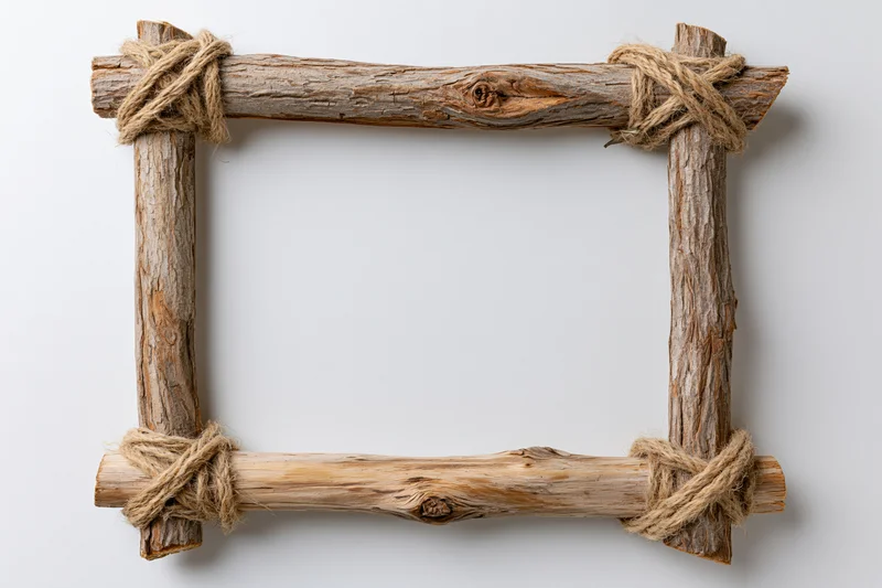 Rustic wooden frame made from branches tied with twine on white background