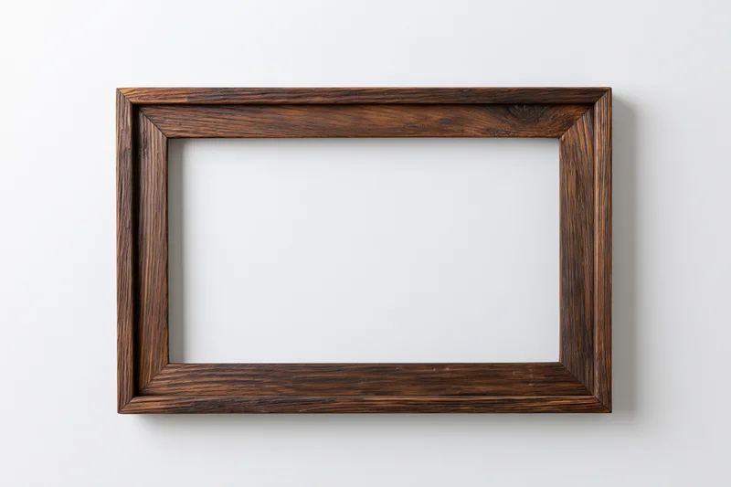 Rustic wooden picture frame hanging on white wall with empty white center