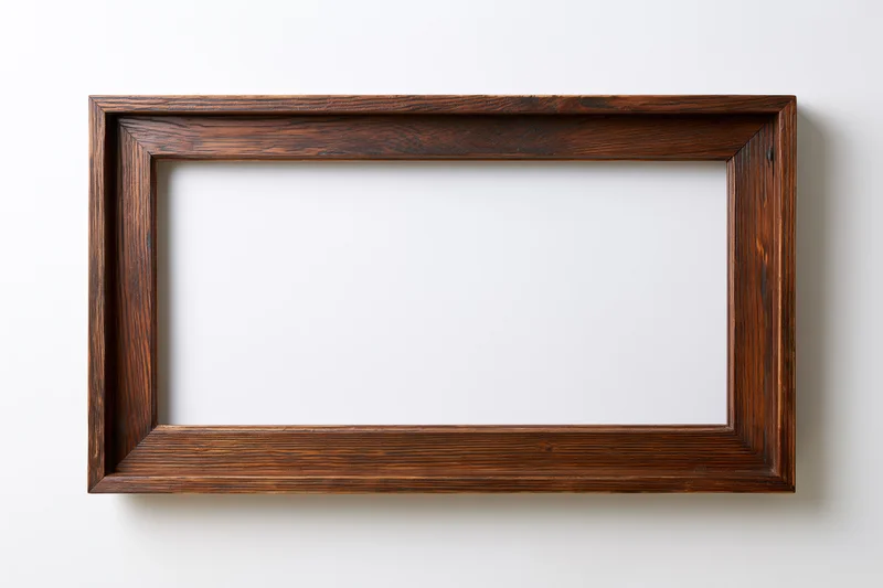 Rustic wooden picture frame hanging on white wall with empty white center