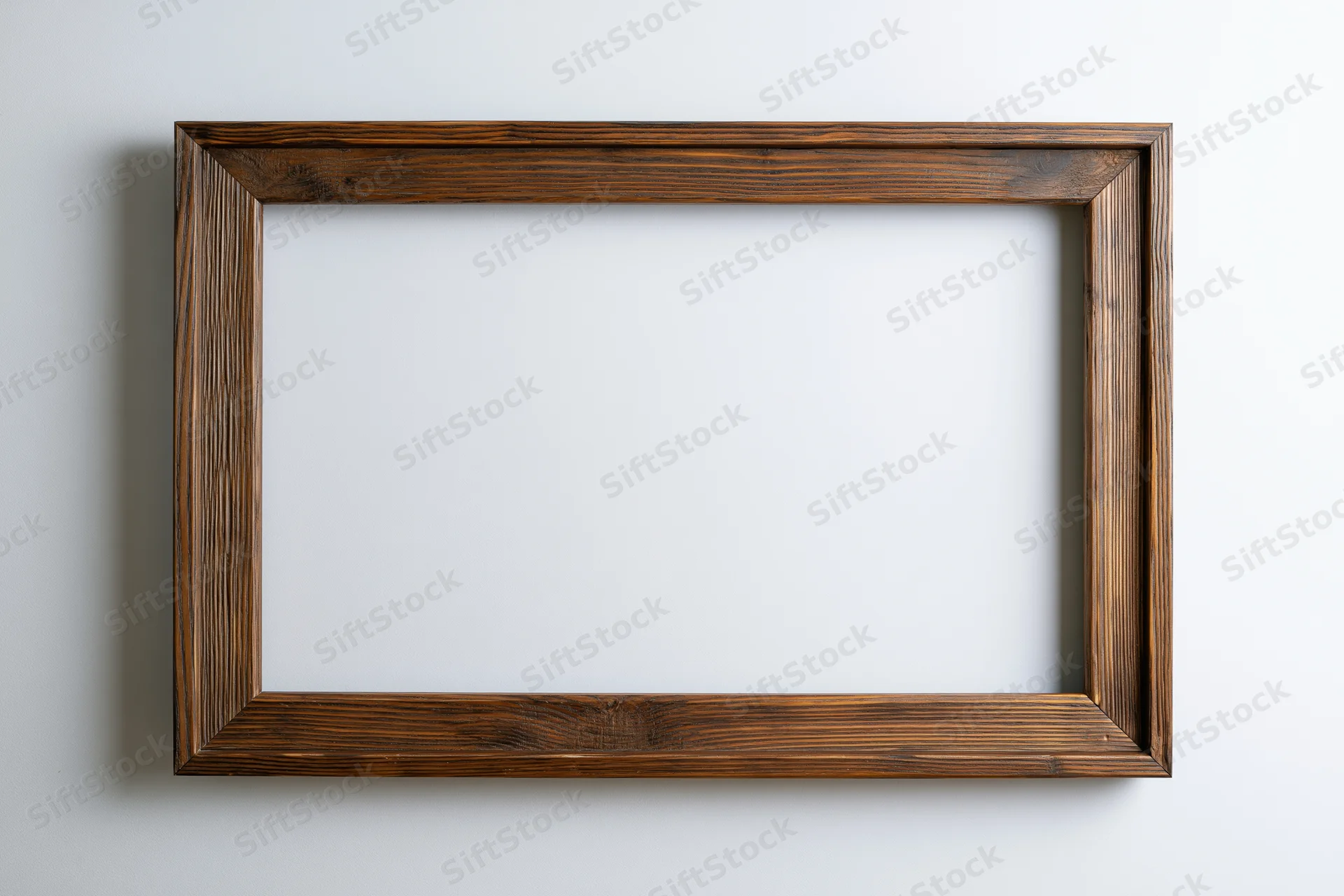 Rustic wooden picture frame hanging on a white wall with empty center