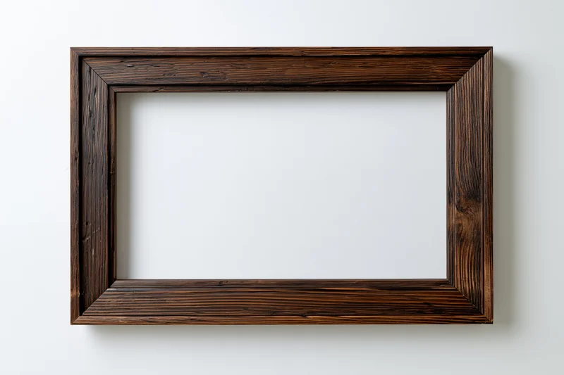 Rustic wooden picture frame hanging on a white wall with empty white center