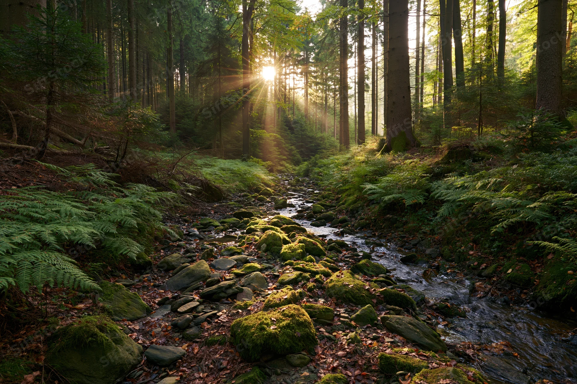 Shallow rocky stream winding through dense conifer forest with sunlight filtering through trees