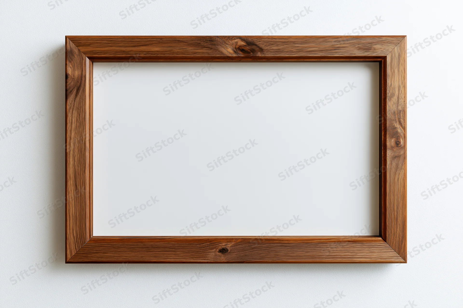 Wooden picture frame hanging on white wall with empty center