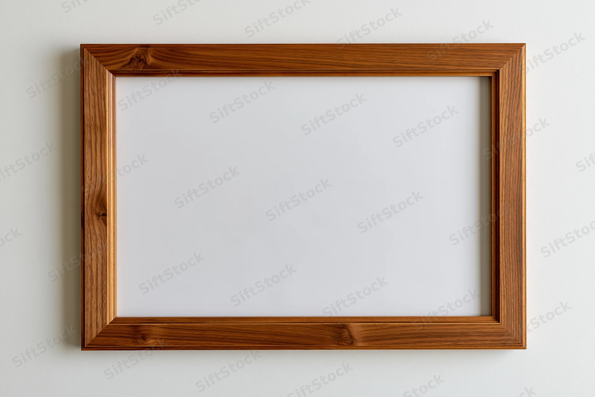 Wooden picture frame hanging on white wall with empty white center