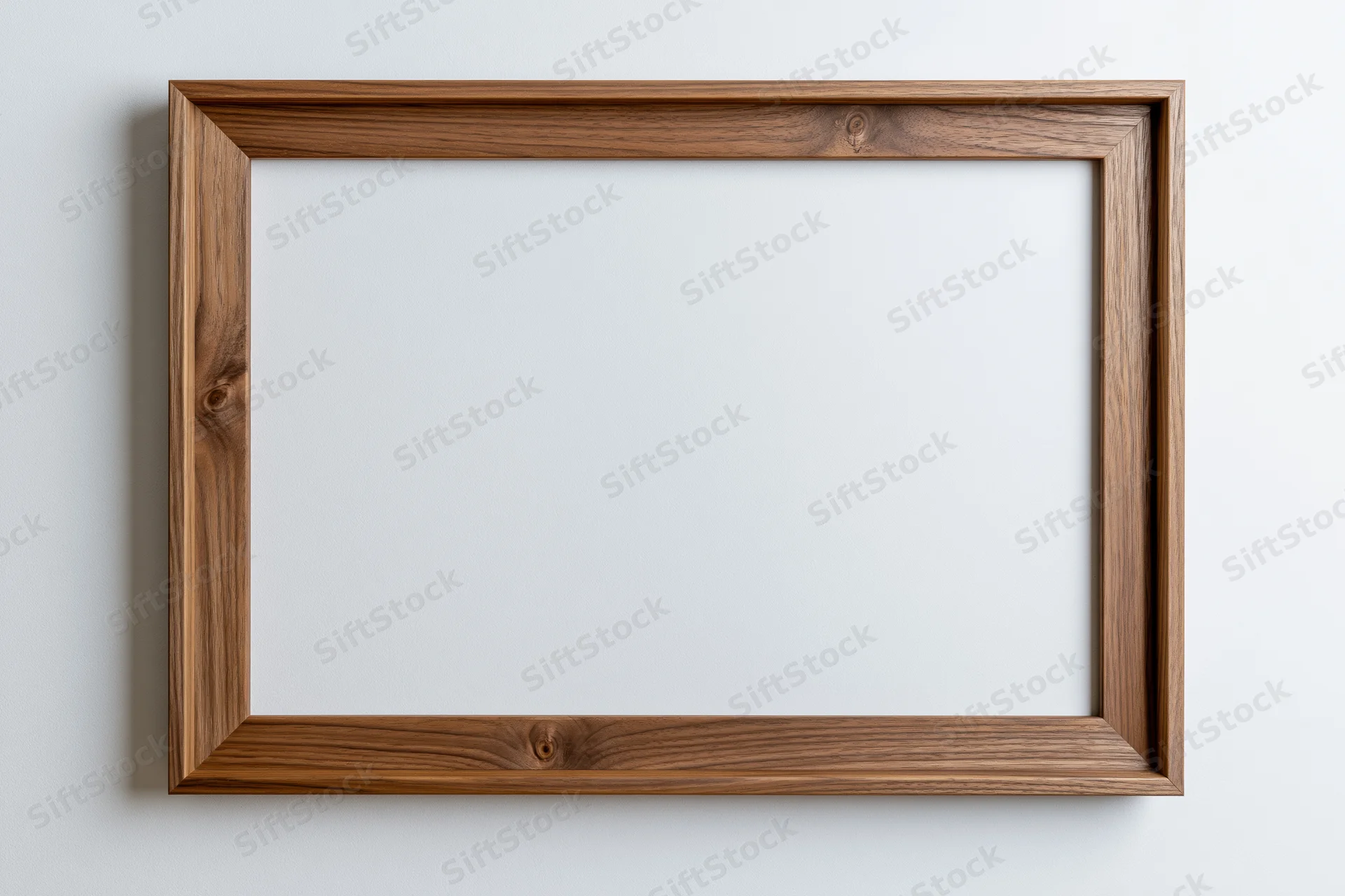 Wooden picture frame lying flat on white surface with empty center