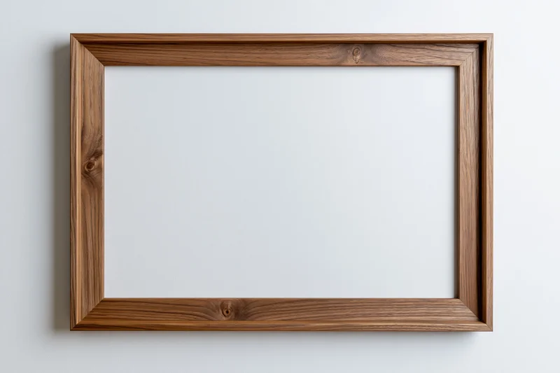 Wooden picture frame lying flat on white surface with empty center