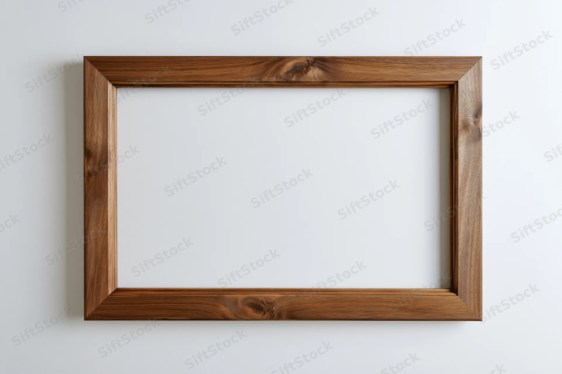 Wooden picture frame lying flat on white surface with empty center and visible wood grain