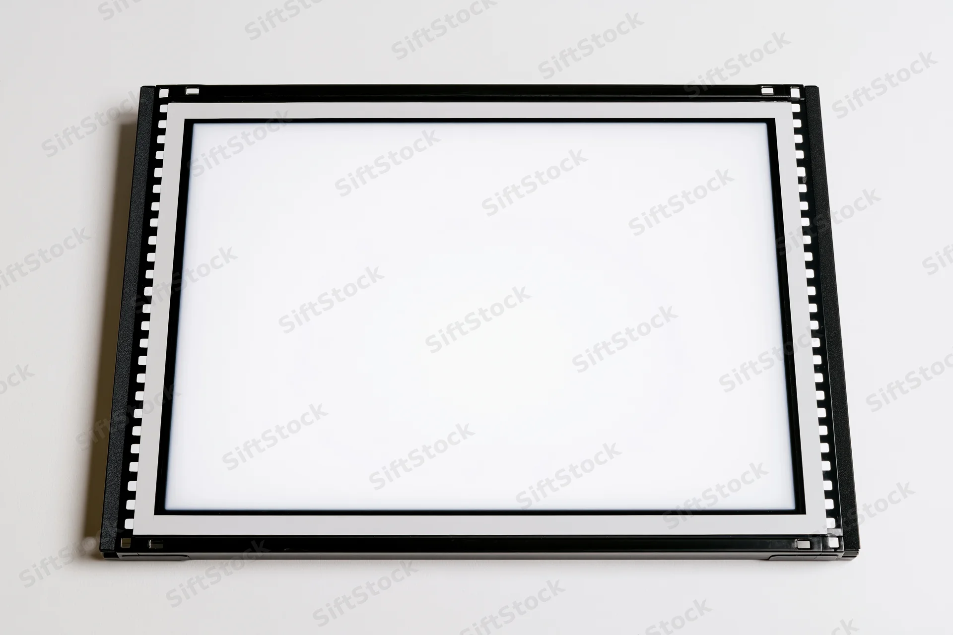 Blank medium format film frame with sprocket holes on white surface