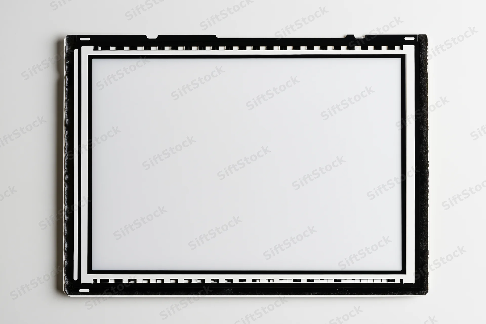 Blank medium format film frame with perforated edges on white background