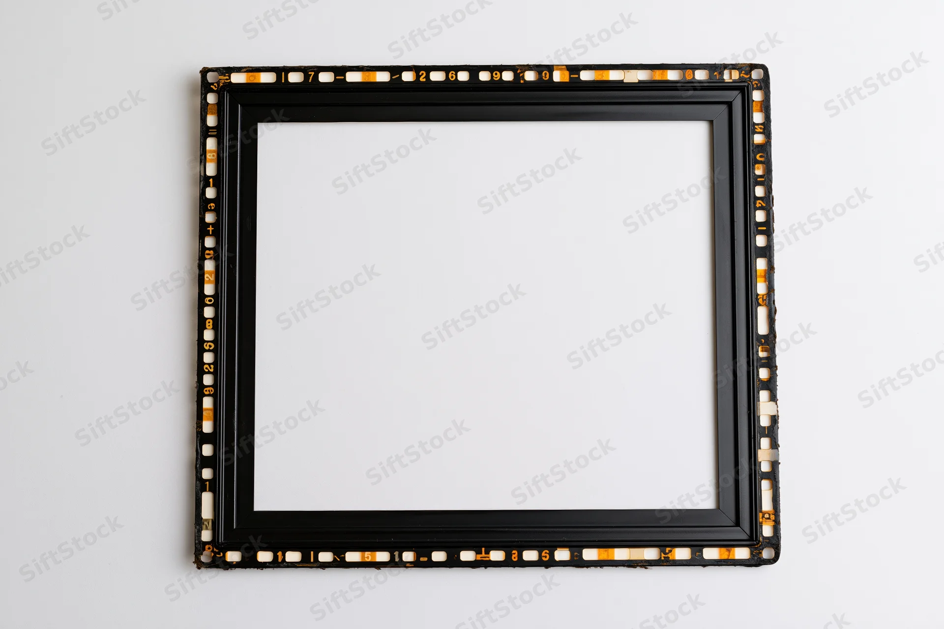 Blank medium format film frame border with sprocket holes on white background